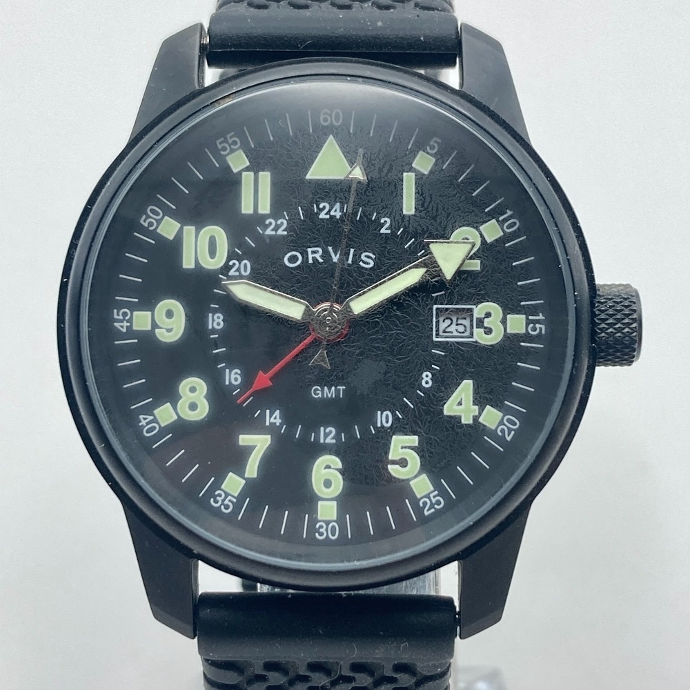 Vtg Orvis Mens Field Watch 41mm Black OR0E6R Date Military GMT New Battery 10.5"
